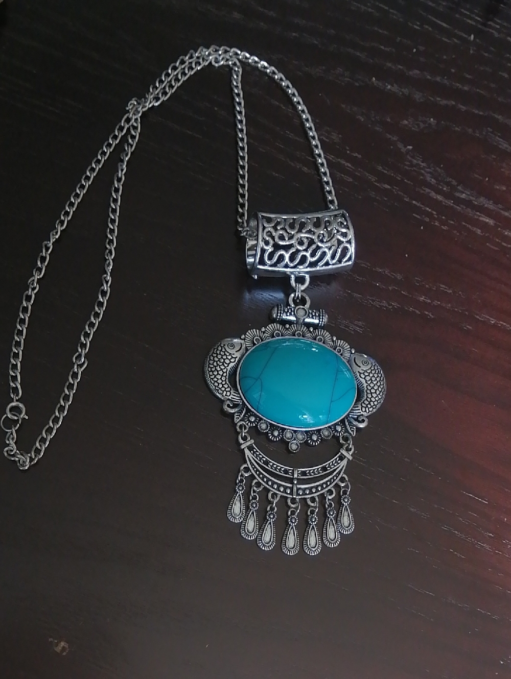 Bohemian Silver Pendant Necklace with Turquoise Stone